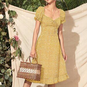 Women's Spring Summer Casual Floral Printed Cute Midi Dress - Yellow